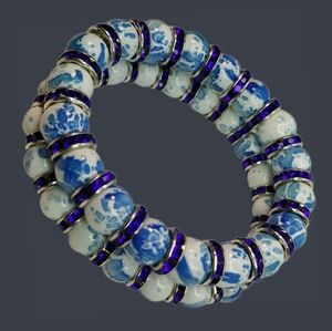 Matching Stackable Pair Of Blue And White Beaded Rhinestone Stretch Bracelets